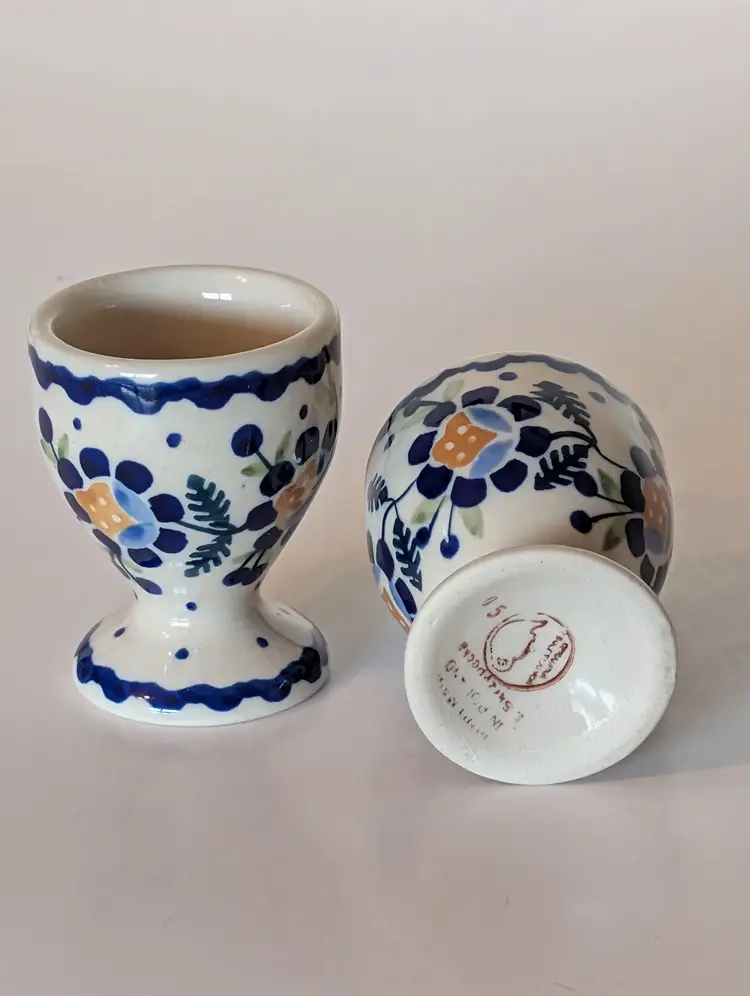 Polish Pottery 2.5 Inch Egg Cups, Sunflower Design, Made By Manufaktura Set Of 2
