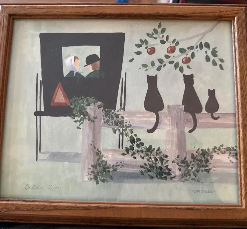 Set Framed Watercolor Art- Amish With Cat, Signed by Artist Miller 1994