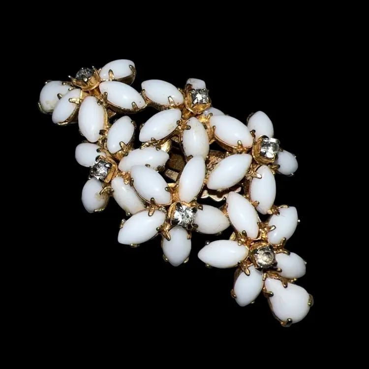 Vtg Statement Hattie Carnegie Clip On Earrings Rhinestones Milk Glass  Gold Tone