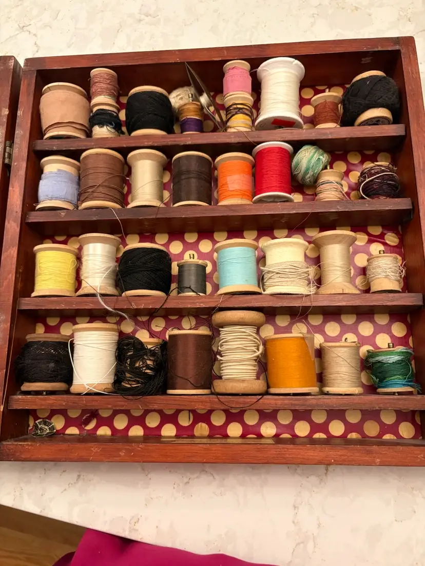 Antique Case Full Of Wooden Spools Of Thread