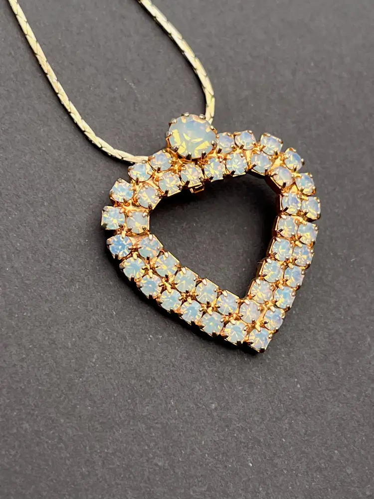 Vintage Opaque Rhinestone Heart Pendant Necklace 17" GP Chain 1960s