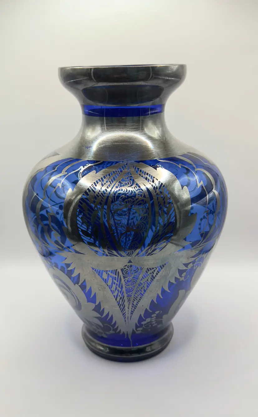 Vintage Vase Art Glass Cobalt Blue & Silver Inlay, Intricate Floral Design, Unbranded