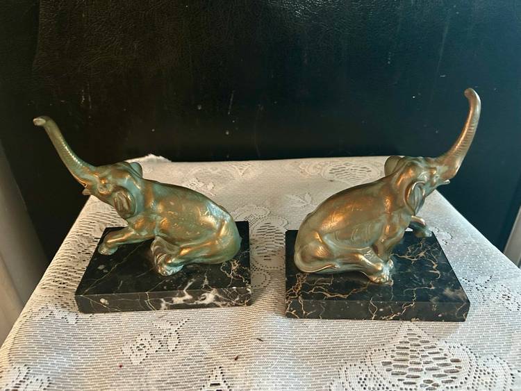 Bronze And Marble Elephant Bookends