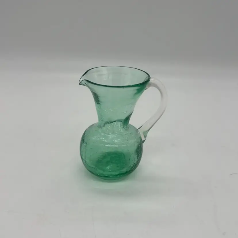 Vintage Green Crackle Glass Pitcher Vase Mini 3.5” Clear Handle