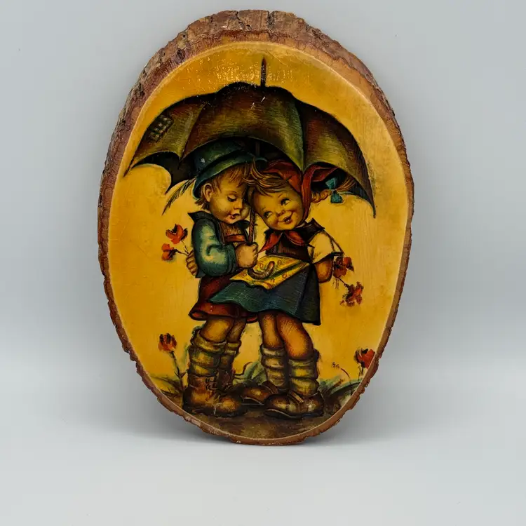 Vintage American Wood Plaque Hummel Style