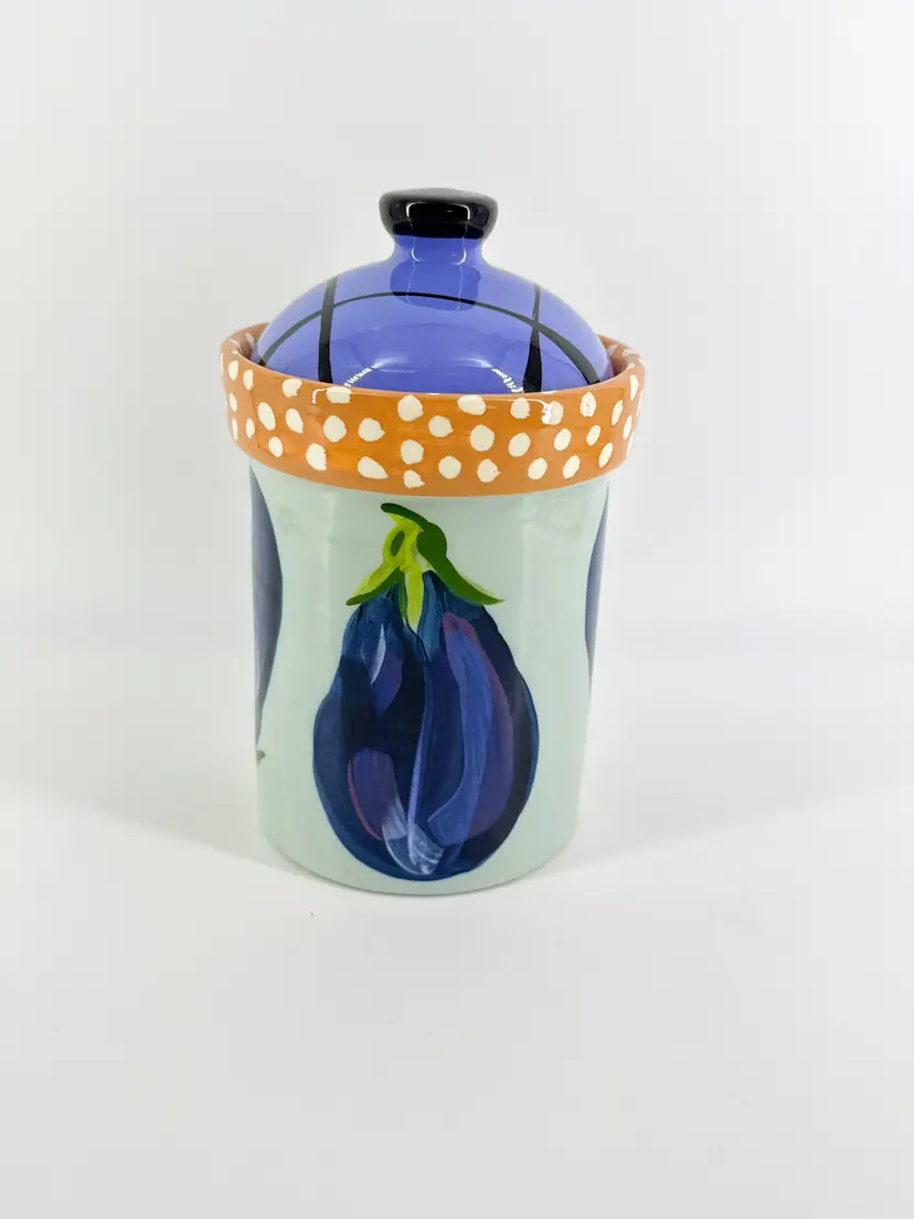 Signed Droll Designs Hand Painted 8.5" Eggplant Ceramic Canister Vegetable Crock