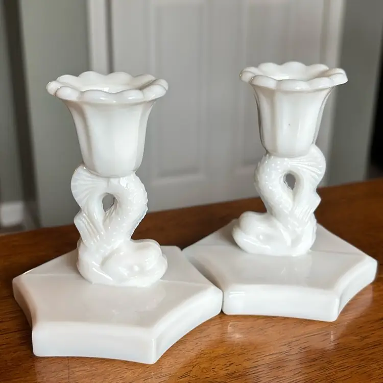Milk Glass Koi Candlestick Pair
