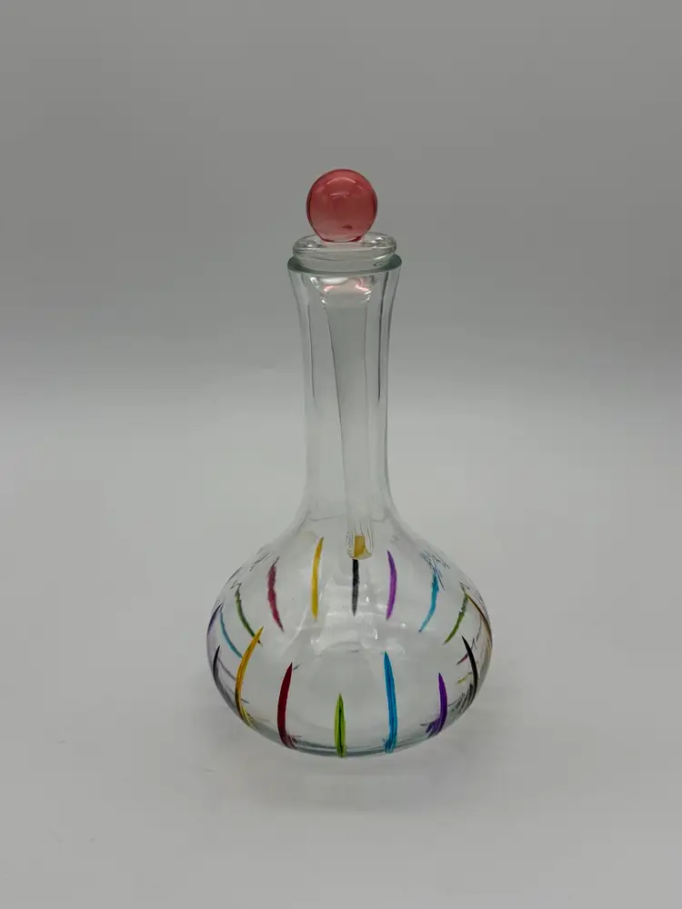 Vintage Colorful Art Glass Perfume Bottle With Glass Top & Dabber Etched Design