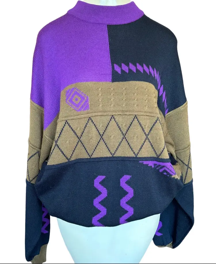 Vintage 80’s Sweater By Ossi Skiwear Marked Large Chunky Knit Abstract Design Purple Black