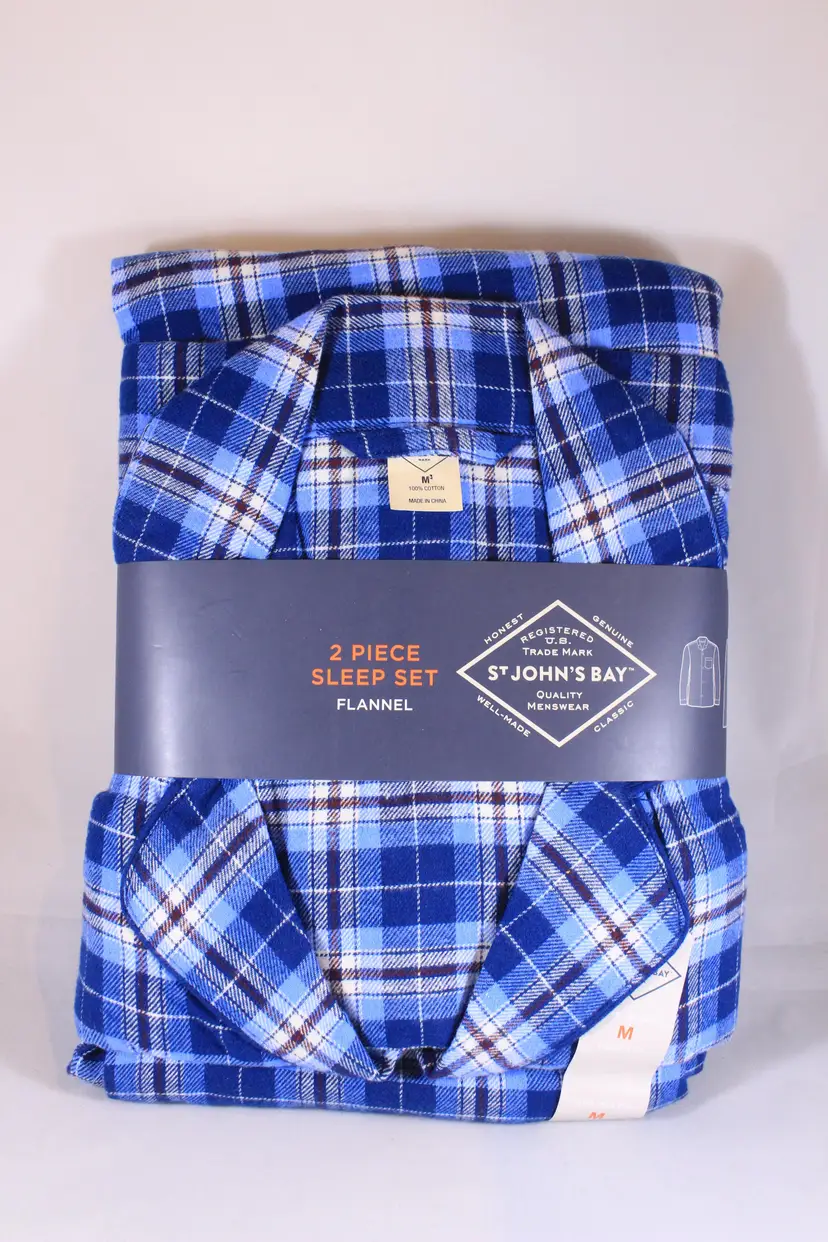 Men's St. John's Bay 2 Piece Flannel Plaid Pajama Sleep Set - Blue (Medium)