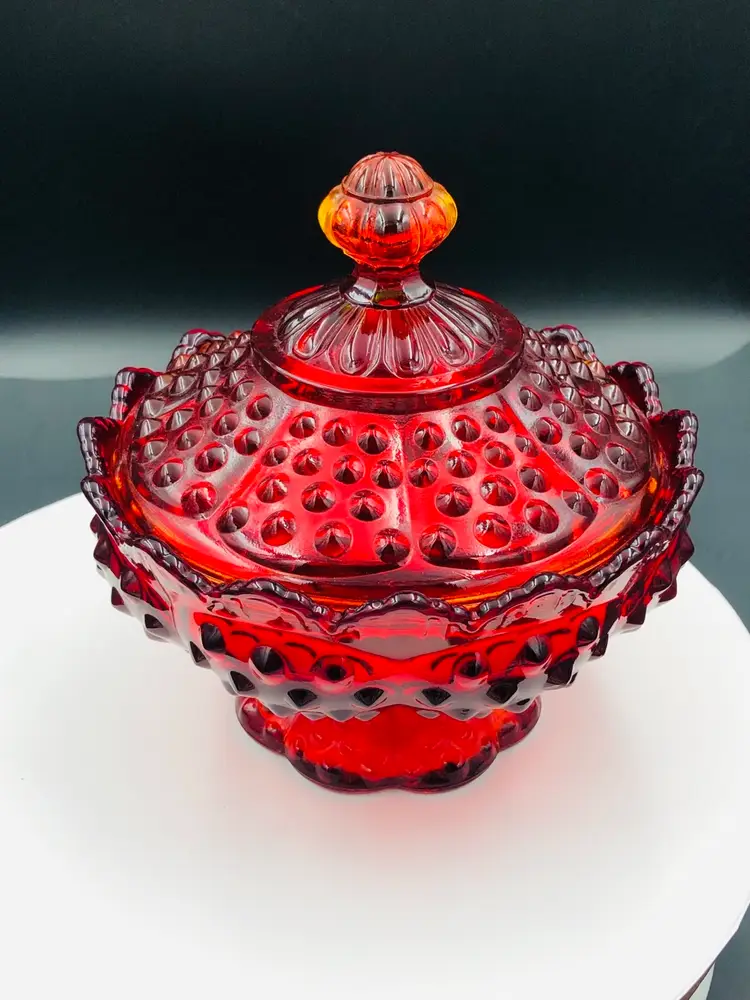 Ruby Red Hobnail Fenton Lidded Candy Dish Glows