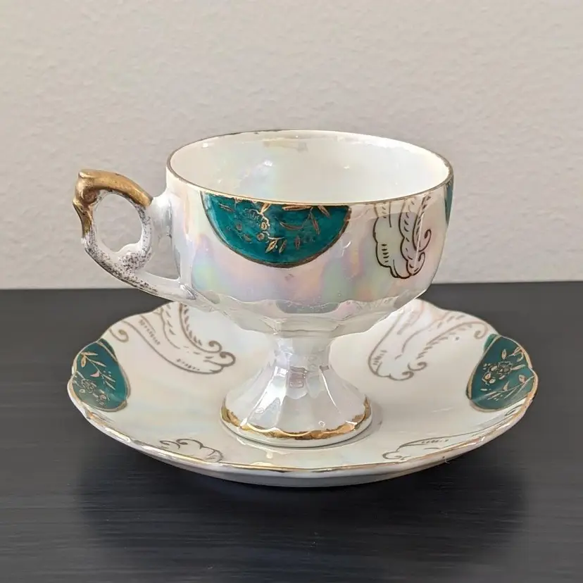 Vintage HB Japan Iridescent Luster Pedestal Teacup & Saucer NE Souvenir 6082