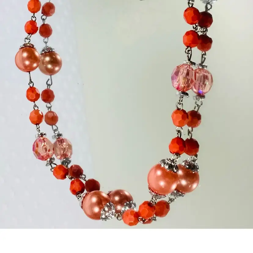 Vintage Costume Jewelry Beaded Necklace Orange Peach Coral And Gold Tone Metal And Pastel Peachy Pink Clear Hard Plastic And Metallic Beads