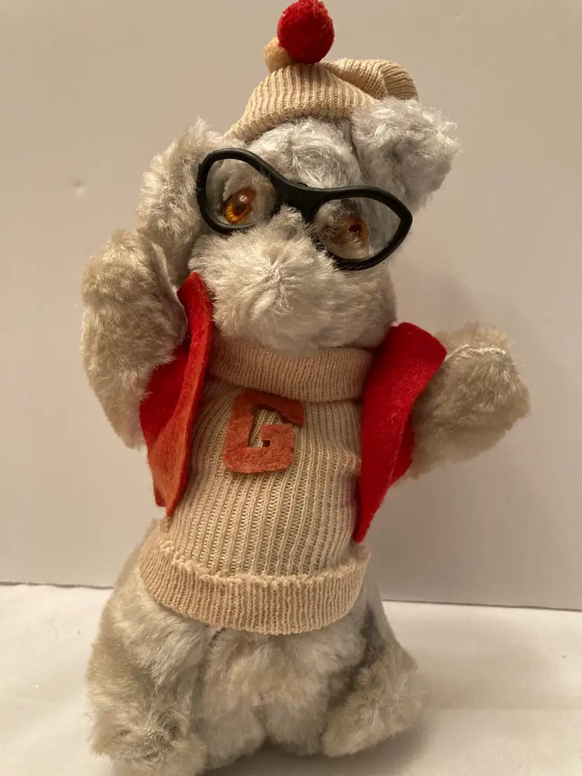 Vintage Stuffed (Dog Or Cat?) With Hat, Sweater With A “G”, Glasses And Vest