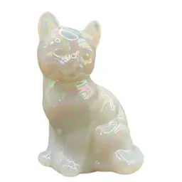 Vintage 1990's Fenton White Carnival Glass Opalescent Iridescent Sitting Cat Figurine 4"