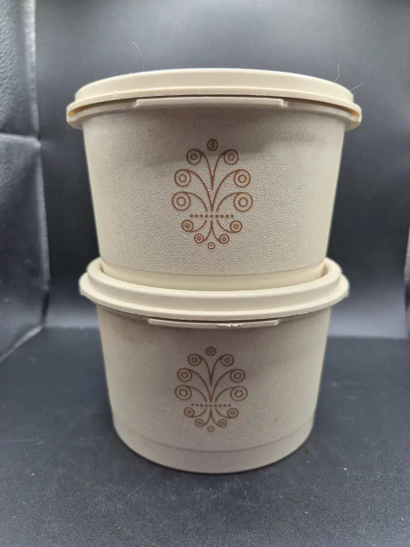 Set Of 2 Beige Vintage Tupperware Bowls With Lids Stamped Design 2.5" Tall 4.5"