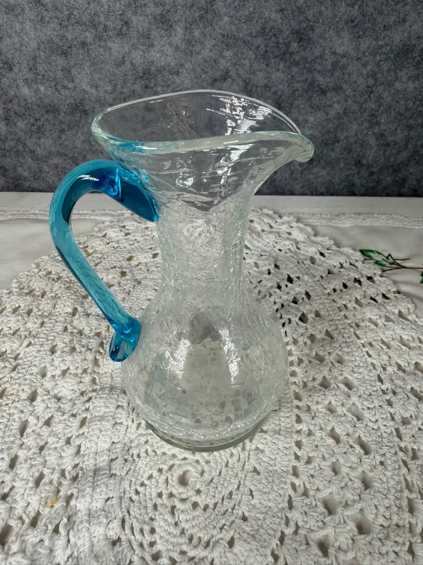 💎 Vintage Crackle Glass Pitcher with Aqua Blue Handle