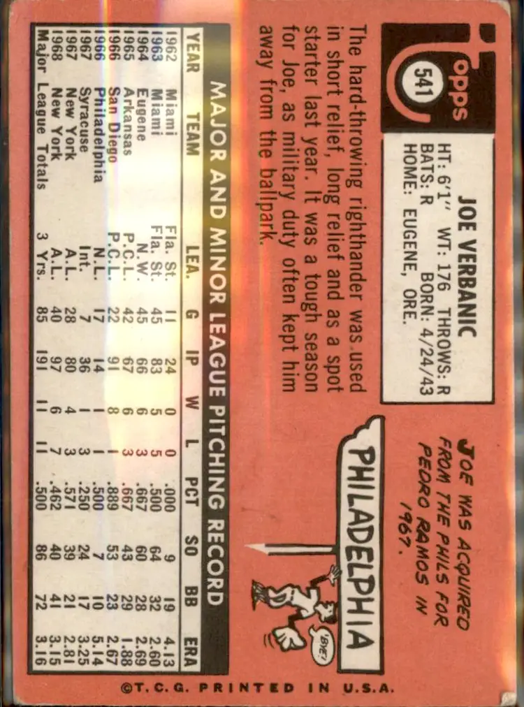 1969 Topps #541 Joe Verbanic - (pk3) - New York Yankees