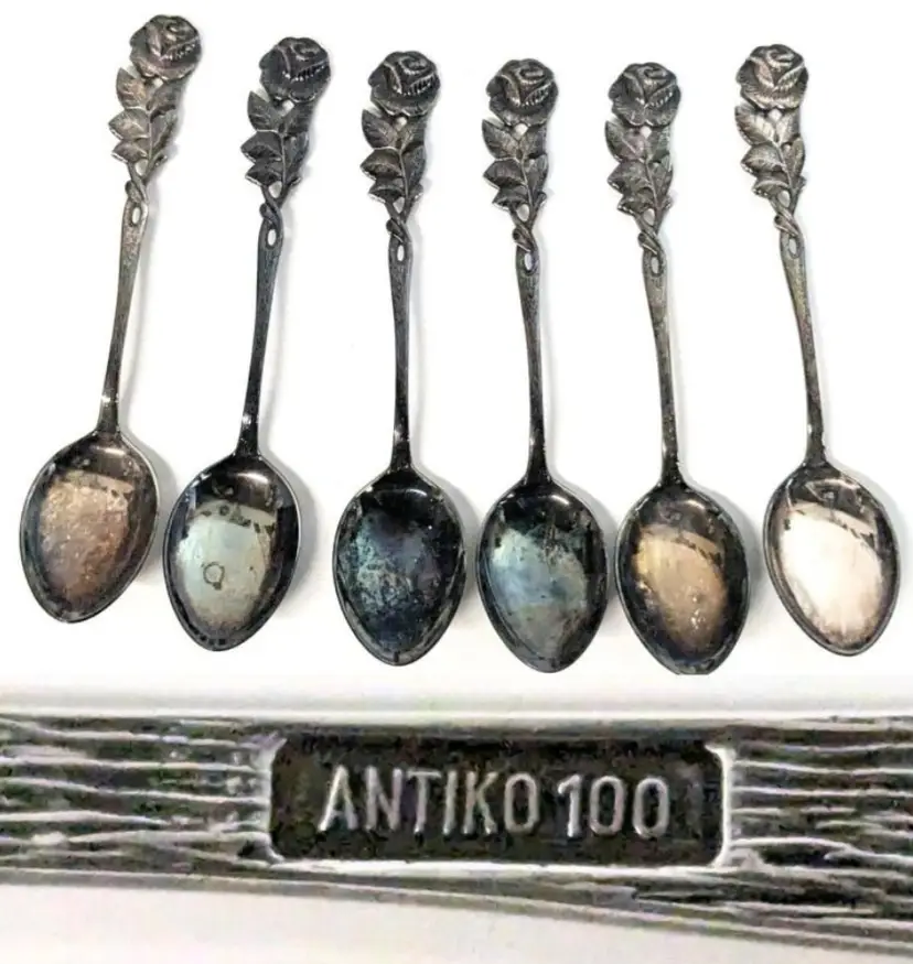 Vintage Italian Demitasse Spoons Feature Ornate Floral Rose-themed Handles and are Marked "Antiko 100", Silver-plated