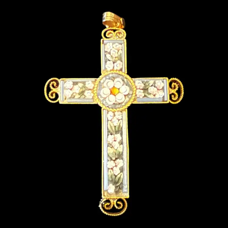 Micro Mosaic Flower Cross Pendant 2.25”