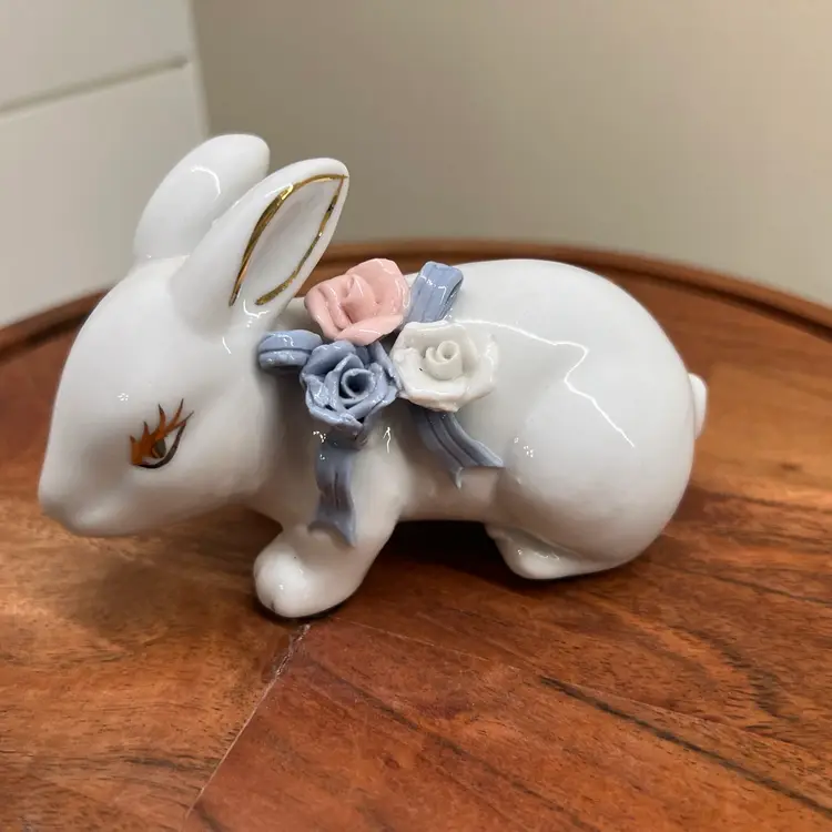 Porcelain White Bunny with flowers, ribbon and gold accents, Porcelain Spring Easter Bunny, Spring Rabbit Figurine