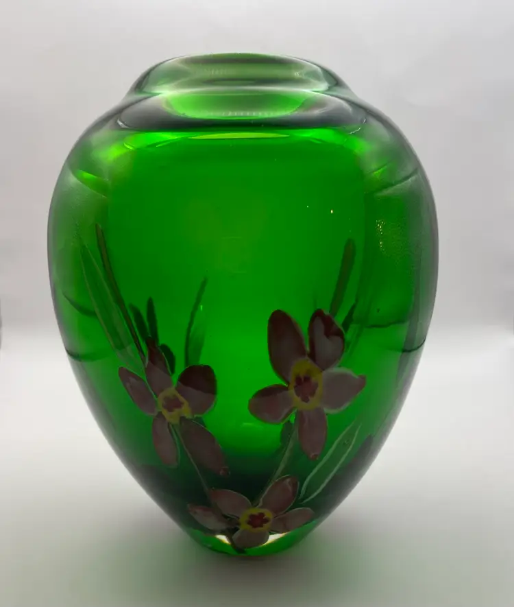 Emerald Cased Ovoid Green Art Glass Vase with Pink & Yellow Florals By Kusak 