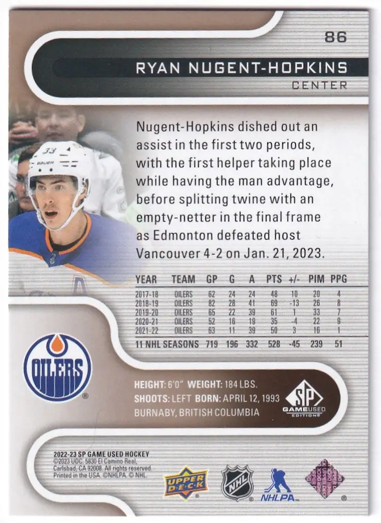 2022-23 SP Game Used Gold #86 Ryan Nugent-Hopkins Edmonton Oilers Hockey Card
