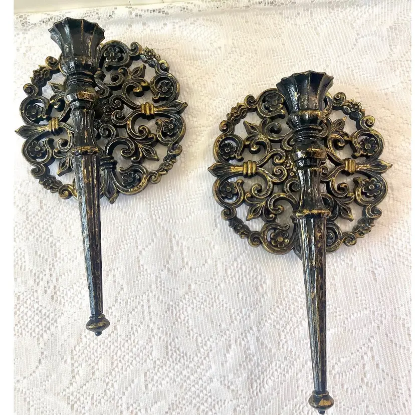 #14 Set of Vintage Homco Wall Candleholders, Black & Gold ~ 1973 ~ Made in USA