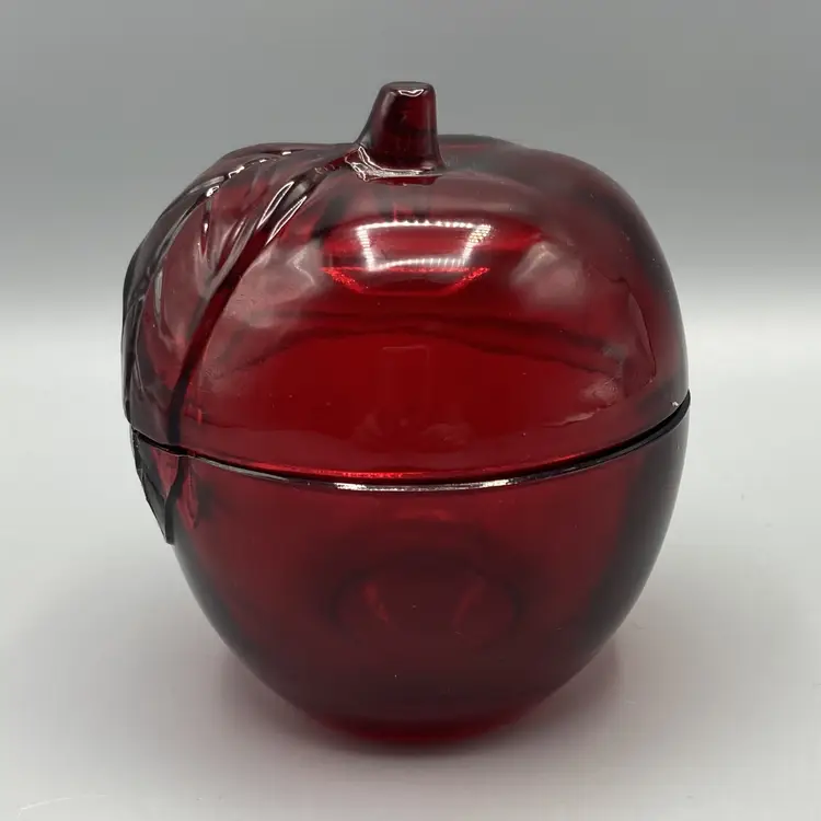 Red Apple Glass Trinket Box or Candy Dish with Lid