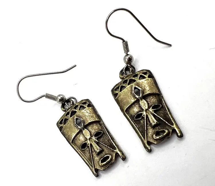 Vintage BOHO Brass Dangle Earrings,Tribal Mask, Gold Brass,2 Inch Long, Vintage 70’s Ear Wire Pierced Earrings