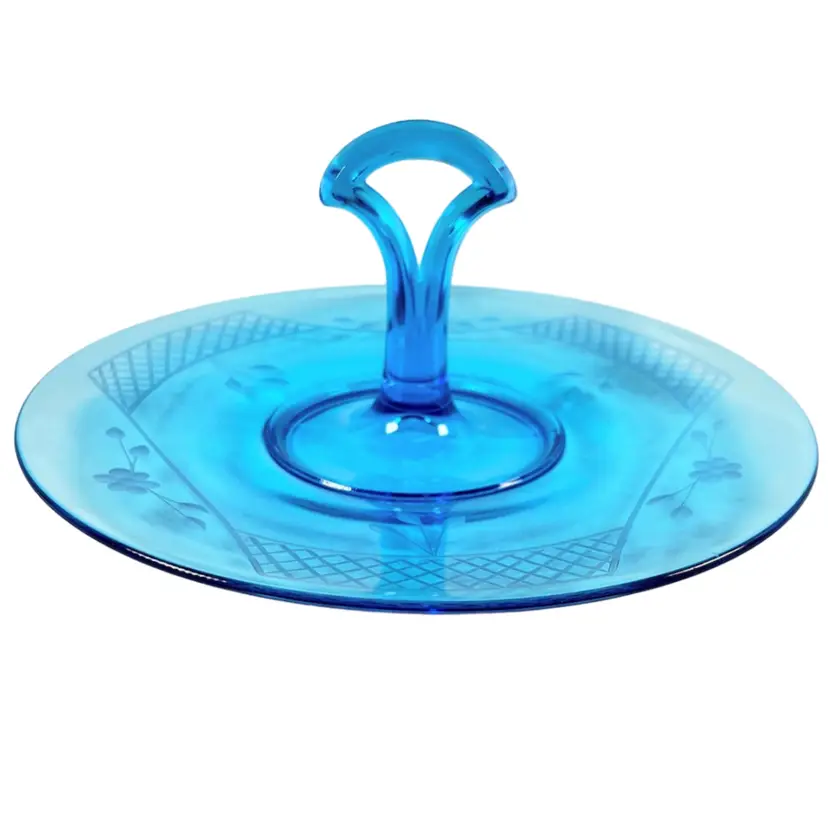 Blue Glass Serving Tidbit Tray with Handle. Depression Era Vintage. 10" diameter; 3-1/2" tall.