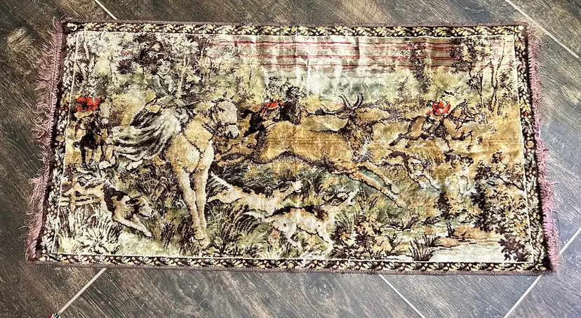 Velvet Tapestry Pictorial Stag Hunting Scene Beautiful  20”x39” W/ Fringe