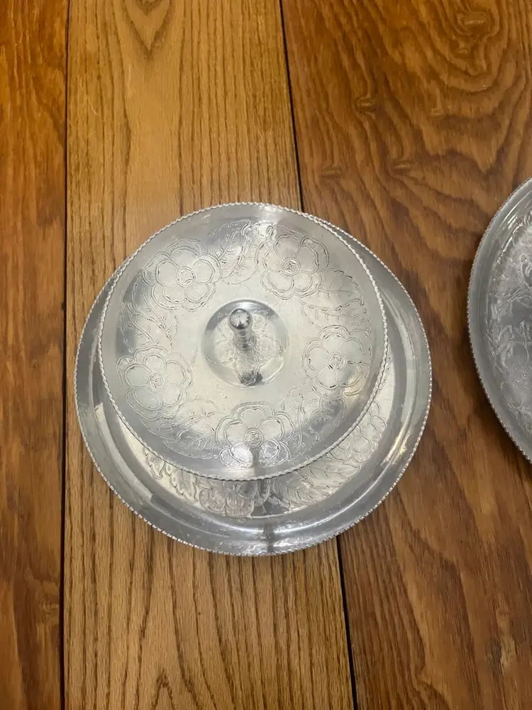 Two Tiered Hammered Aluminum Tray 1950S To 1960S- Stamped Aluminum By Gailstyn -7” Tall