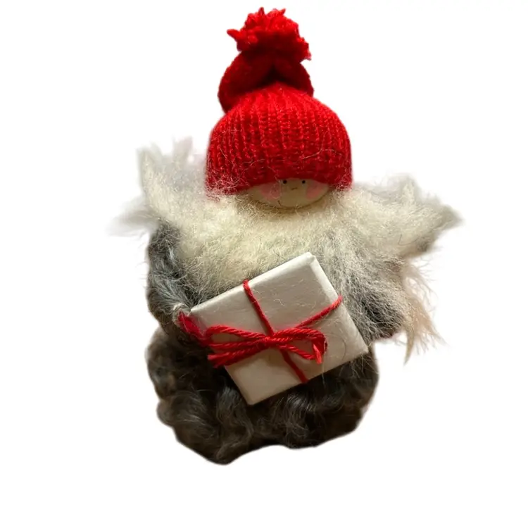 Swedish Tonte Kid With Present Handmade @4 3/4” Tall Wooden With Furry Coat