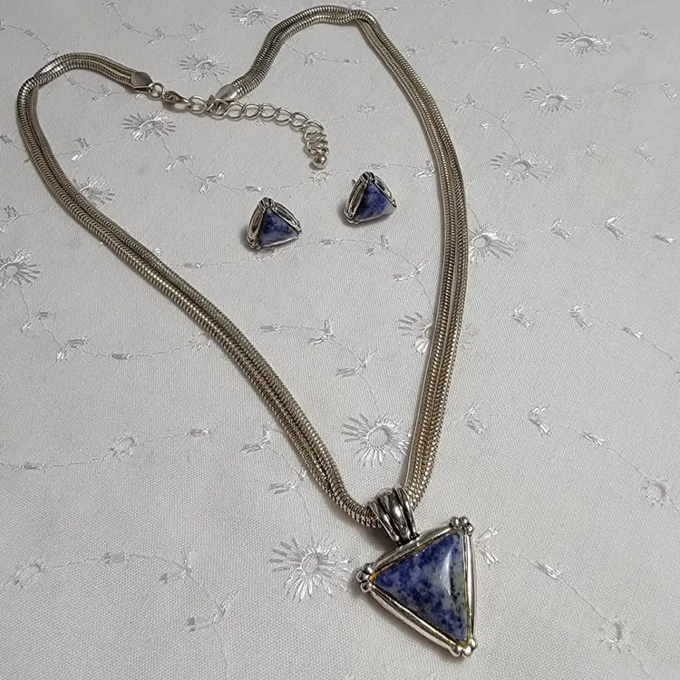 Vintage Triangular Sodalite Stone Necklace and Earrings Set