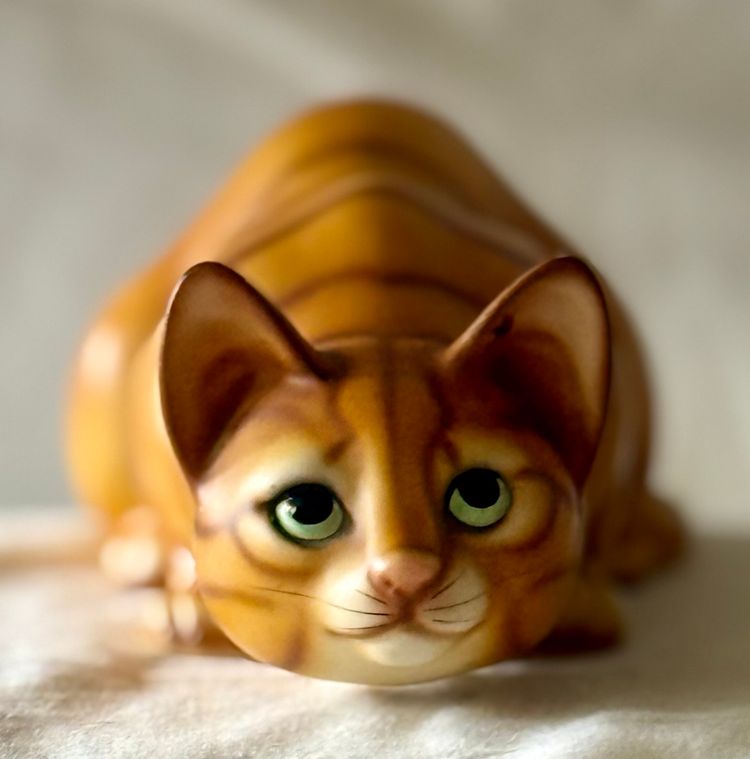 Vintage Porcelain Ready To Pounce Orange Cat Porcelain Figurine Japan Green Eyes