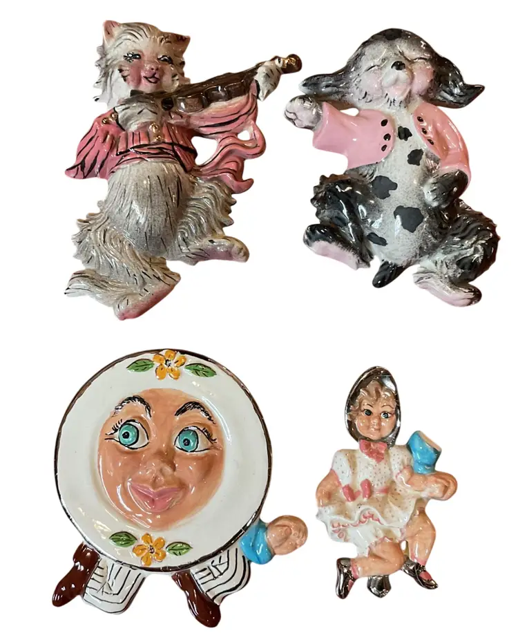 Vtg Hand-Painted Hey Diddle Diddle Wall Plaque Chalkware Nursery Rhymes Lot of 4
