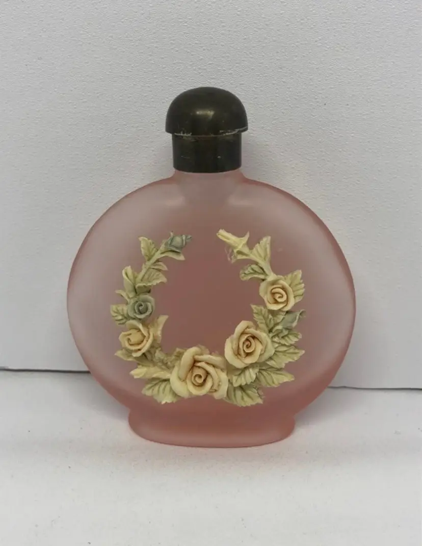 Vintage Glass Perfume Bottle with Applied Flowers & Pewter Lid