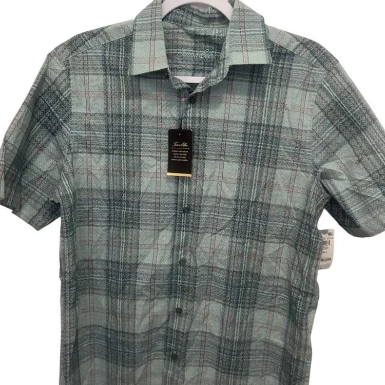 New $55 Tasso Elba Mens Stretch Mini-Box Dobby Plaid Short Sleeve Button Down Shirt Small