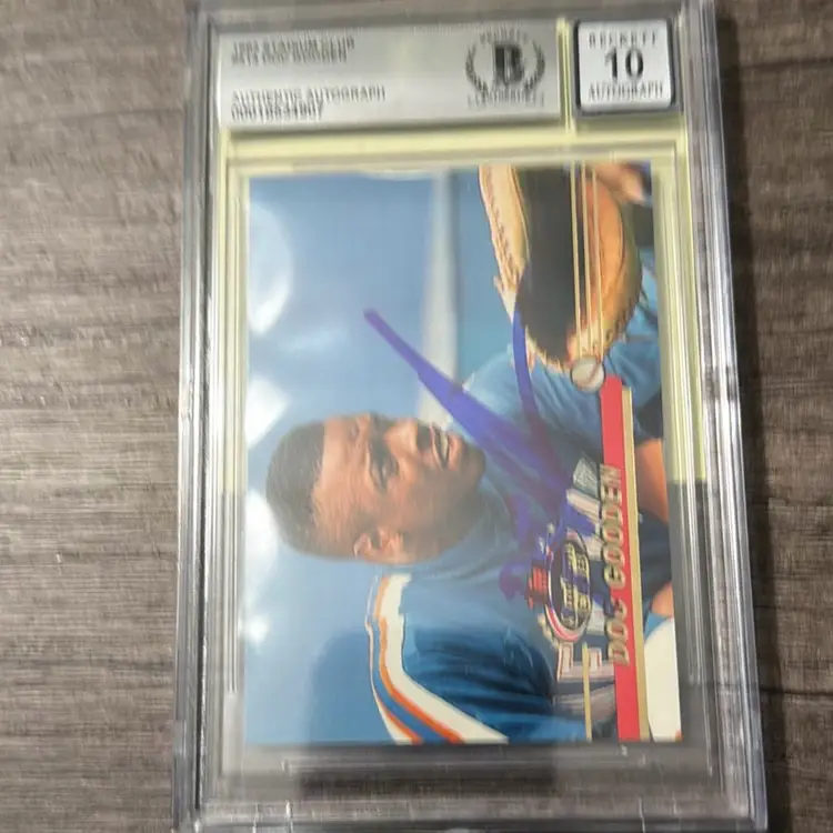 This is a 1993 Topps Stadium Club baseball card featuring former New York Mets pitcher Dwight "Doc" Gooden. Beckett 10