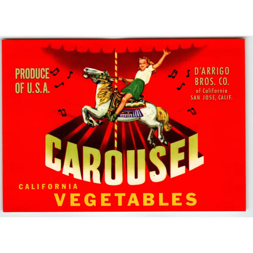 Carousel Girl On Amusement Park Ride California Vegetable Label Original 1940's