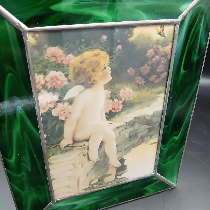 Vintage Reproduction Print Of Cherub In Green Slag Glass Frame 8X10, "The Butterfly"