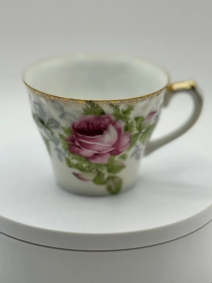 Vintage Floral Porcelain Teacup & Saucer with Gold Trim, Hand-Painted Pink Rose Design, By Lefton, Made In Japan