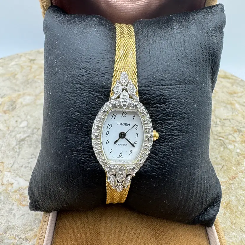 Vintage Gruen Diamond Accented Cocktail Watch Gold Tone Mesh Band - Working New Battery