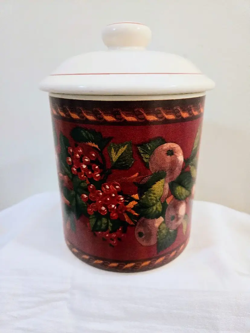 Raymond Waites CORNUCOPIA FRUIT GARLAND Red Stoneware Canister with Lid