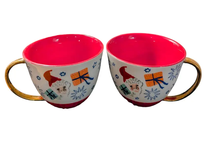 Anthropologie Emily Isabella Christmas Santa Mug Holiday Spirit Gold Handle Red
