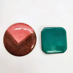 Two Large Copper Enamel Brooch Pins OOAK Circle & Octagon Shape w Smooth Finish Modernist Abstract Style Unmarked MCM + Box