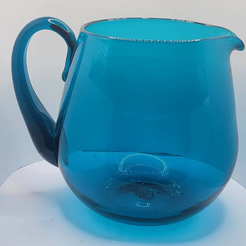 Vintage Blenko Blue Glass Pitcher with Elegant Handle 7"