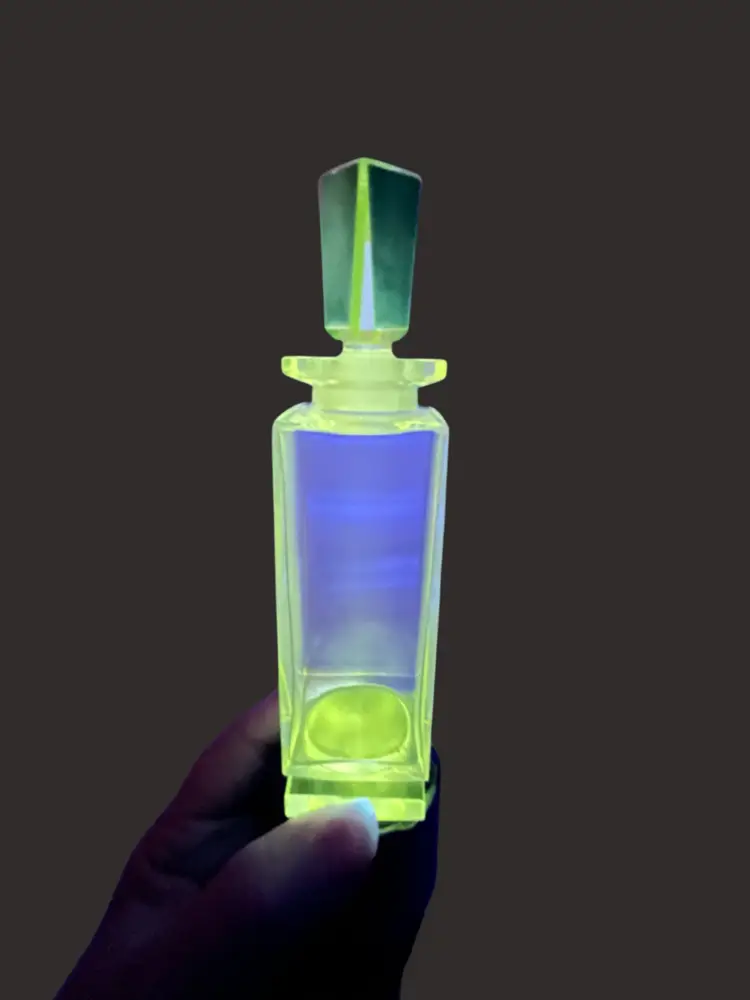 6” Vintage French Crystal Art Deco House Of Caron Perfume Bottle. Glows Green under UV! Square Cut Bottle with Stopper. Matching Etched Alphanumeric Code on Stopper & Bottle Bottom- A Hallmark For Baccarat Perfume Bottles