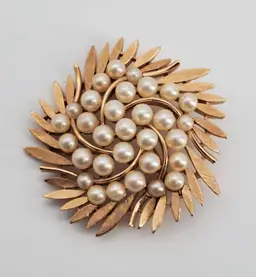 Trifari Brooch Gold Tone and Faux Pearl Floral Brooch Pin